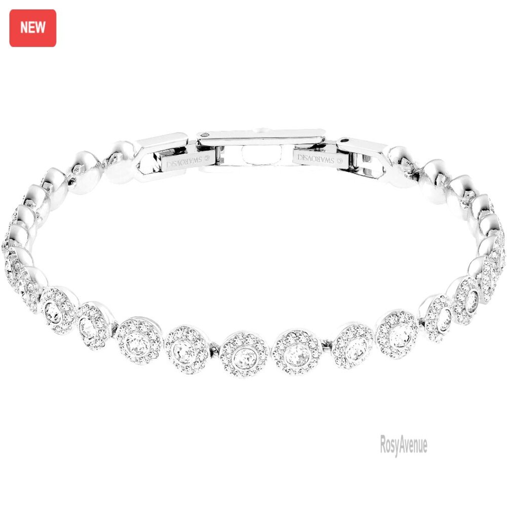Rhodium Plated Tennis Bracelet With White Crystals, 6.7 Inch, Secure Clasp